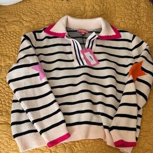 THML Cream and Black Striped V-Neck Sweater with Pink and Orange Star Accents